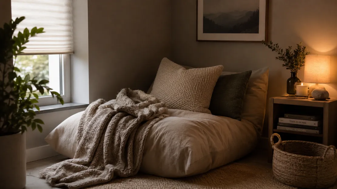 A calm corner with a muted palette, soft textures, and warm low lighting for sensory rest