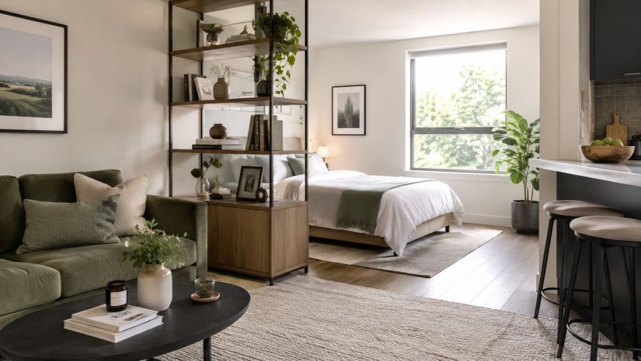 Studio apartment with a clearly defined sleep zone separated from the living area