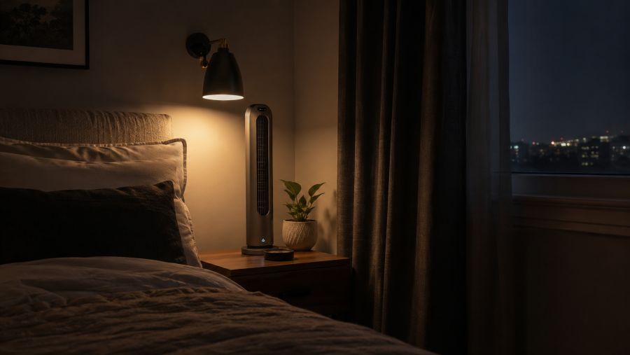 Bedside corner with blackout curtain, warm lamp and a small fan for better sleep