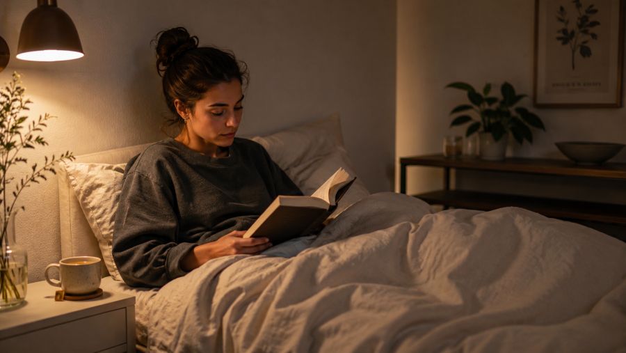 Person relaxing with a book and warm lamp in a tidy small bedroom before sleep