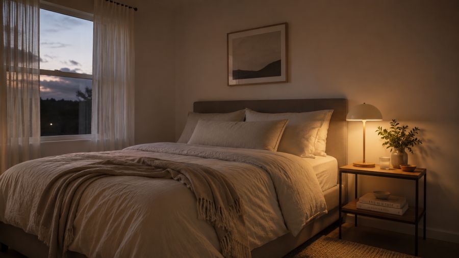 Cozy small bedroom with warm lighting and a neatly made bed against the wall