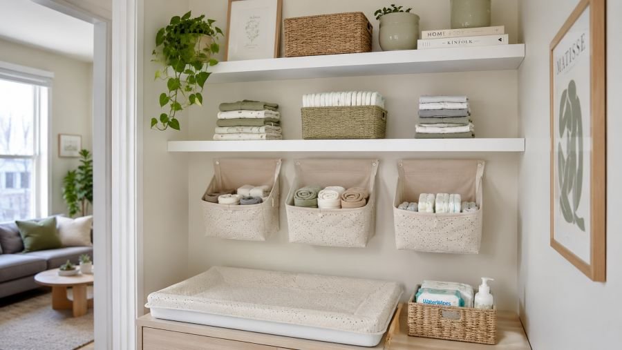 Vertical wall storage above a compact baby changing area in a small apartment