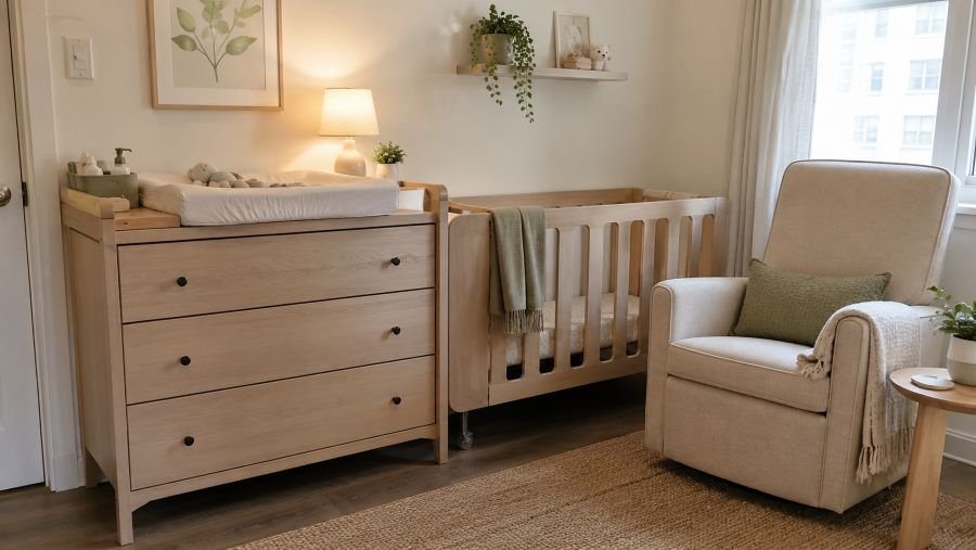 Multifunctional baby furniture including a dresser-changer combo and mini crib in a small apartment corner