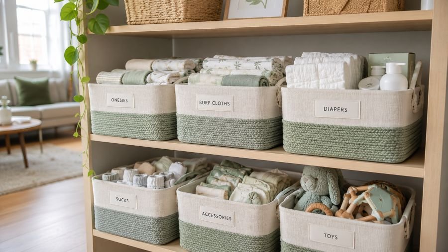 Organized labeled baskets holding baby essentials on open shelves in a small apartment