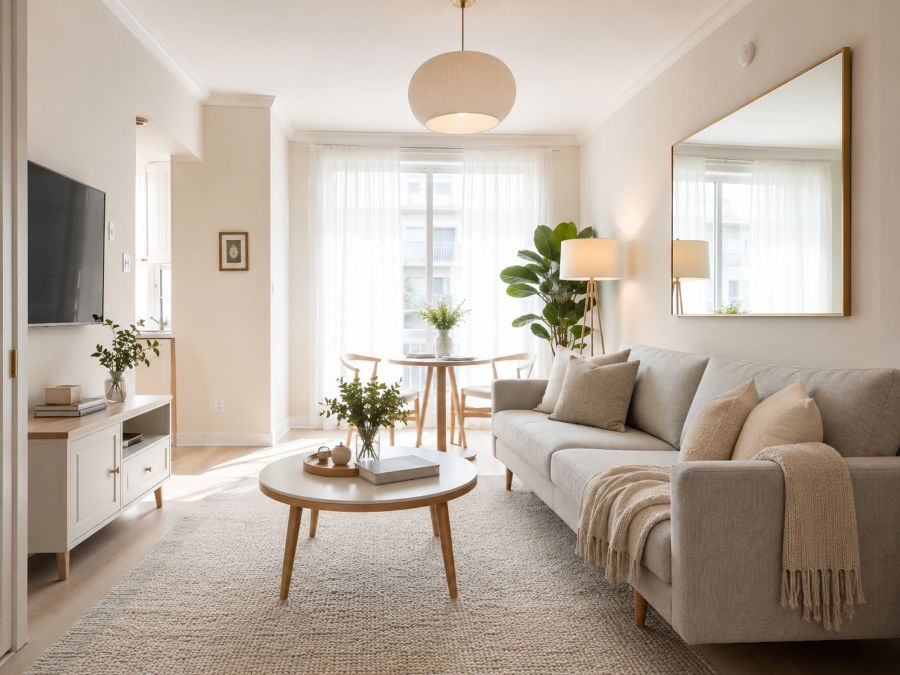 Modern small apartment with bright lighting and light colors making space feel larger