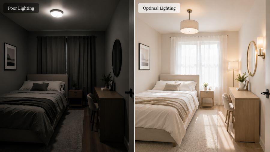 Comparison of small apartment with poor lighting versus bright, well-lit space