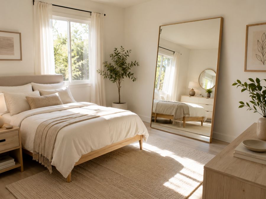Strategic mirror placement in small bedroom reflecting natural light and making space feel larger
