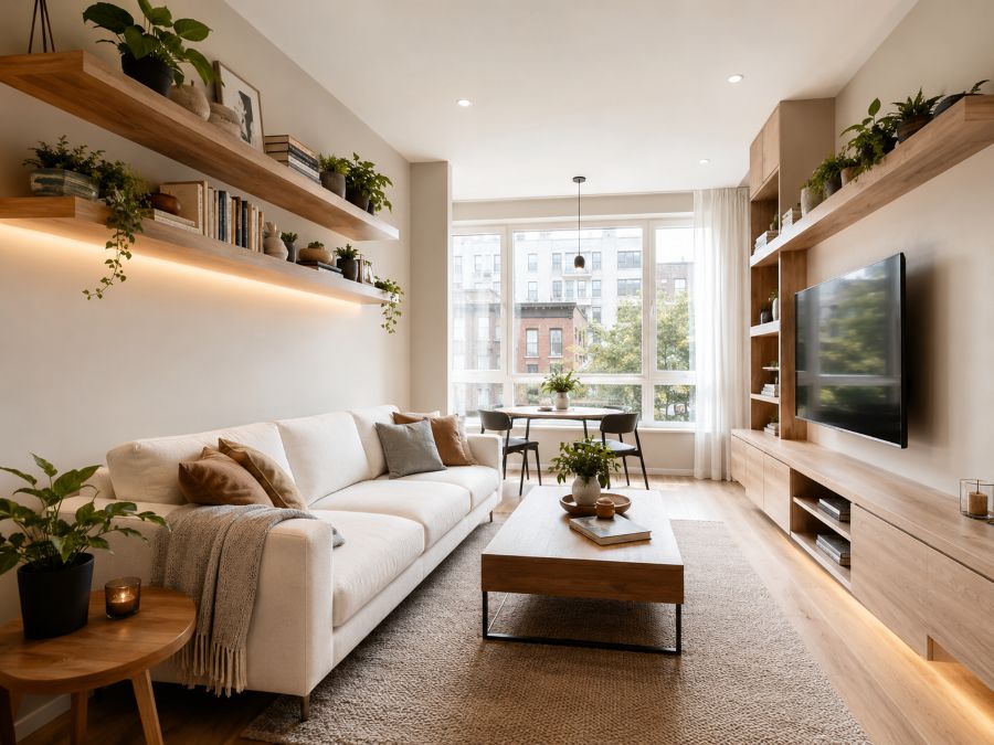 Modern small apartment interior design with light colors and smart storage