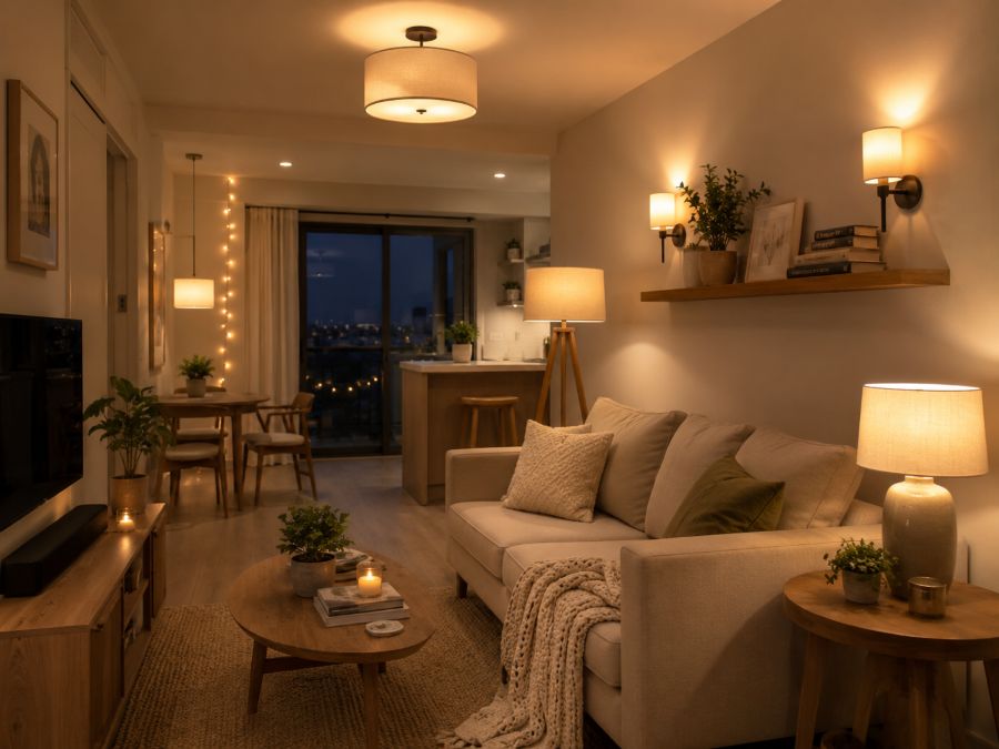 Layered lighting design in compact apartment