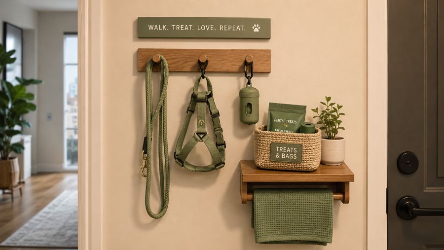 Vertical wall-mounted dog gear station with hooks for leash and harness in a small apartment entryway