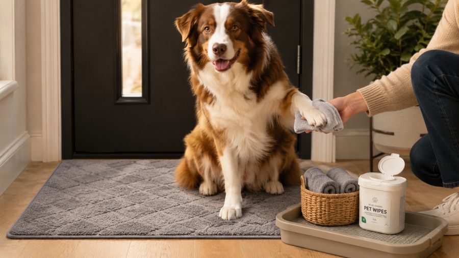 Entryway paw-cleaning station with washable mat and towels in a small apartment