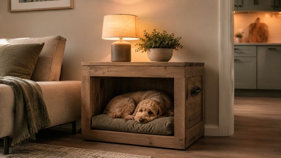 Wooden crate-style side table used as a stylish dog den in a small apartment corner