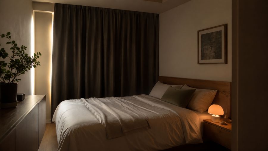 Small apartment bedroom with blackout curtains set up for restful daytime sleep