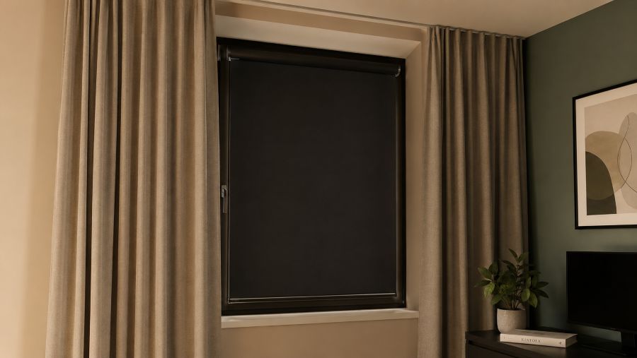Layered blackout roller blind and ceiling-track curtains sealing a small apartment window