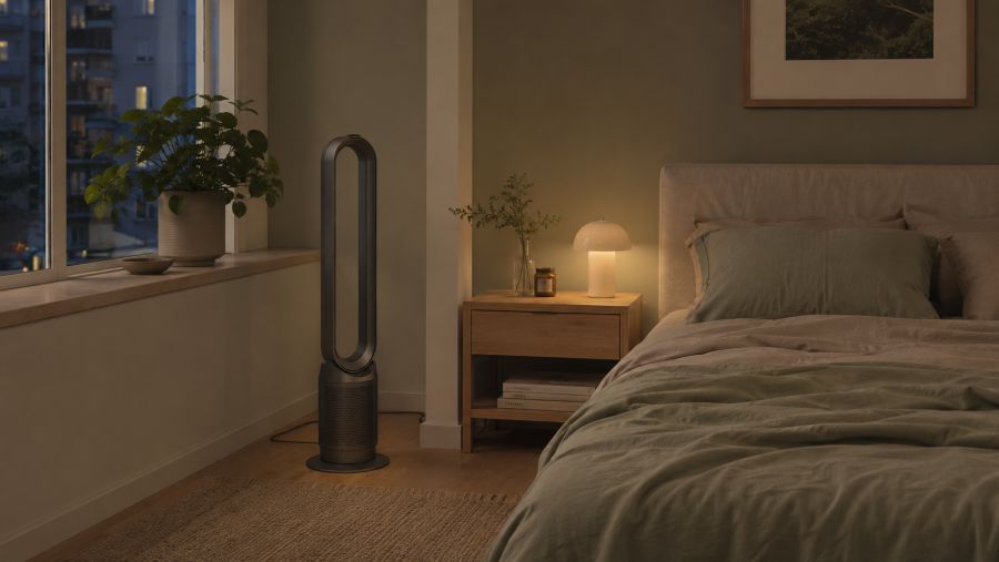 Cool small bedroom with quiet fan and breathable linen bedding for daytime sleep