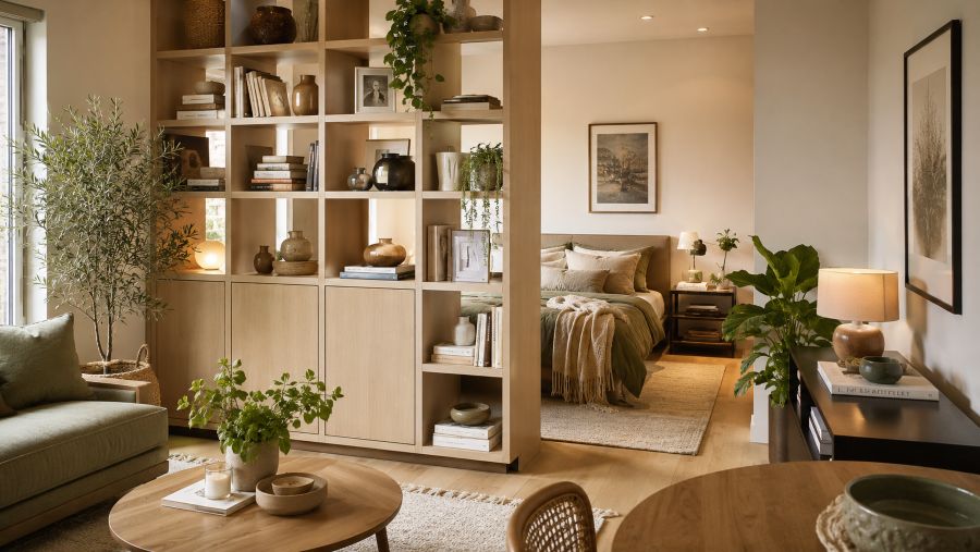 Small apartment with an open bookshelf divider creating privacy between a bedroom nook and living area