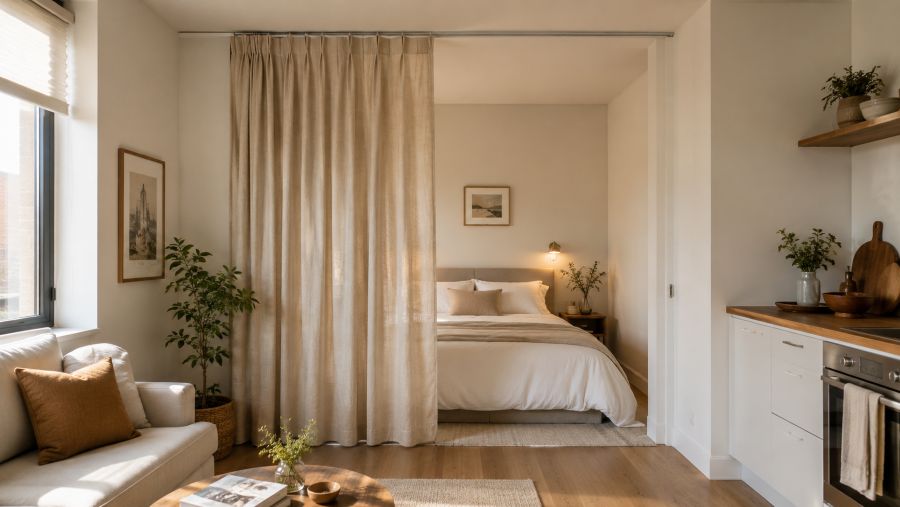 Floor-to-ceiling curtain on a ceiling track creating a private bedroom nook in a small studio apartment