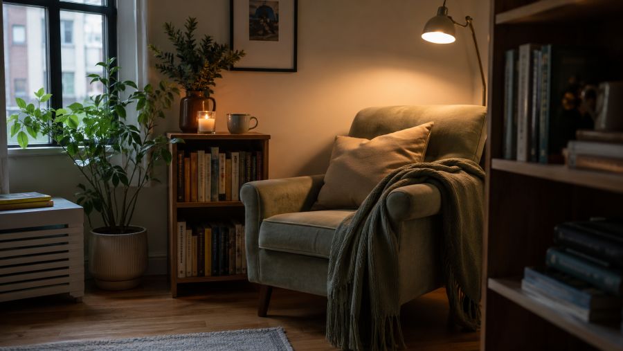 Cozy personal reading nook with an armchair and lamp in the corner of a small apartment