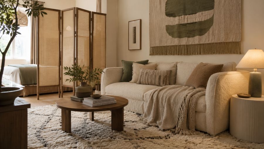 Small living area layered with rugs and textiles plus a folding screen for sound and visual privacy