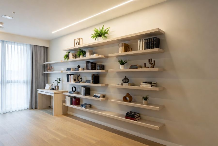 Modern small apartment vertical storage solutions with floating shelves and wall organization