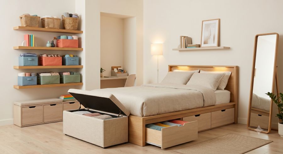 Furniture with built-in storage including storage ottomans, benches, and coffee tables in small apartment