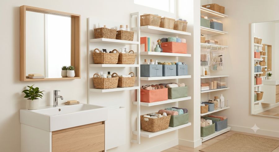 Bathroom vertical storage organization with wall-mounted shelves, baskets, and mirrors in small apartment bathroom