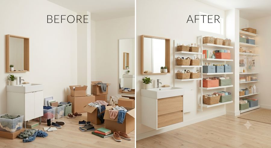 Small apartment before and after transformation showing difference between cluttered and organized storage systems