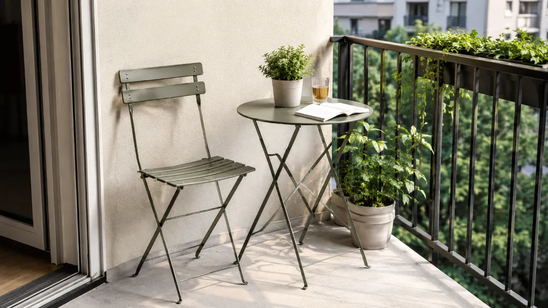 Space-saving folding bistro set with slim chair and small round table on a balcony with potted plants