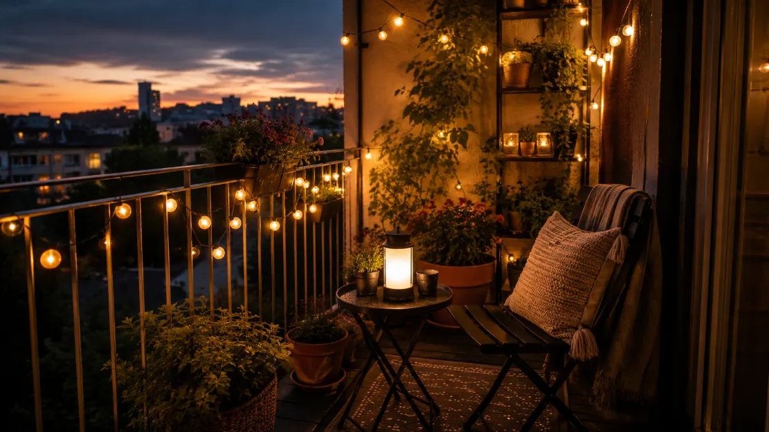 Small balcony at dusk glowing with warm string lights, a solar lantern, and softly lit plants