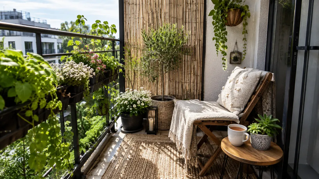 Finished tiny balcony retreat with cushioned chair, outdoor rug, layered plants, reed privacy screen, and tea