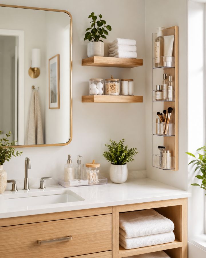 Organized small bathroom counter with clear containers and vertical storage