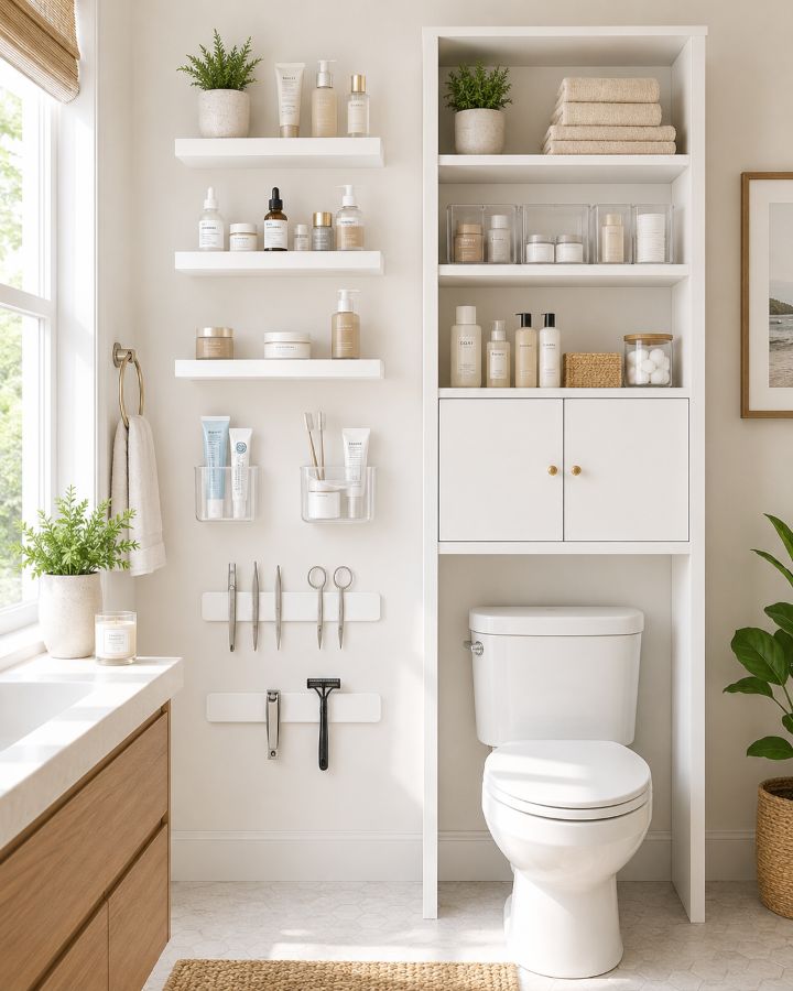 Bathroom wall with floating shelves, adhesive organizers, and wall-mounted storage solutions