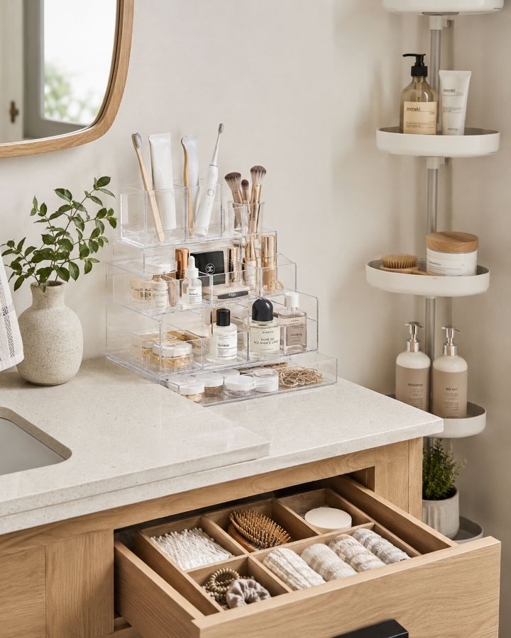 Clear acrylic containers, drawer dividers, and corner organizers arranged on bathroom counter
