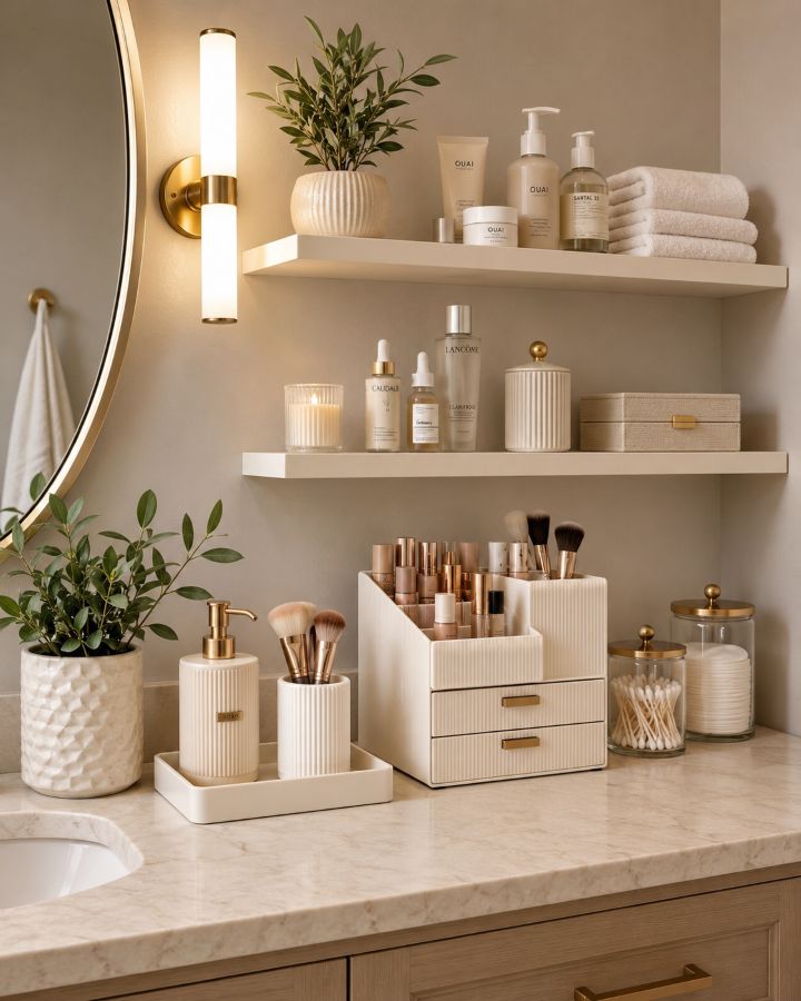 Beautifully organized bathroom counter with coordinated containers, plants, and attractive storage solutions
