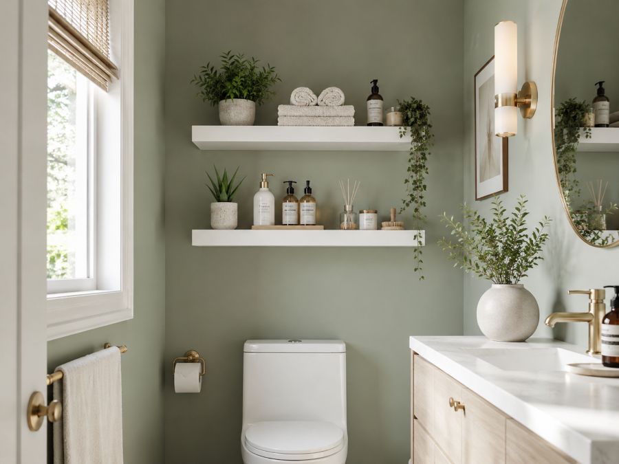 Modern minimalist small bathroom with floating shelves and organized storage solutions