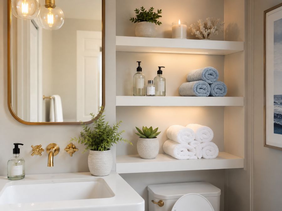 Elegant white floating shelves with bathroom essentials, cosmetics, and rolled towels in small bathroom space