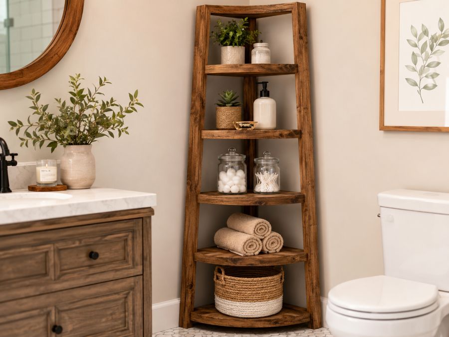 Wooden corner shelf unit in small bathroom corner with plants, soap dispensers, and decorative items