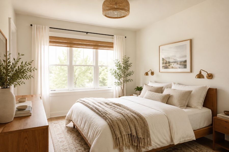 Light and airy small bedroom with soft neutral wall color and natural light