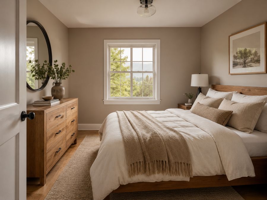 Small bedroom painted in warm beige with white trim and natural wood furniture