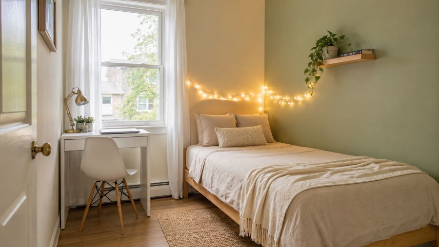 Cozy small rented bedroom decorated with damage-free decor and warm lighting