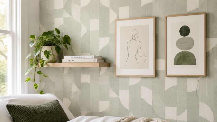 Damage-free wall decor with peel-and-stick wallpaper and removable shelves in a small bedroom
