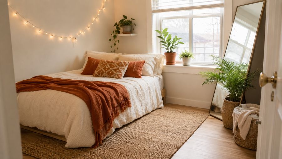 Budget-friendly small bedroom decor with textiles, plants, and a large mirror to add space