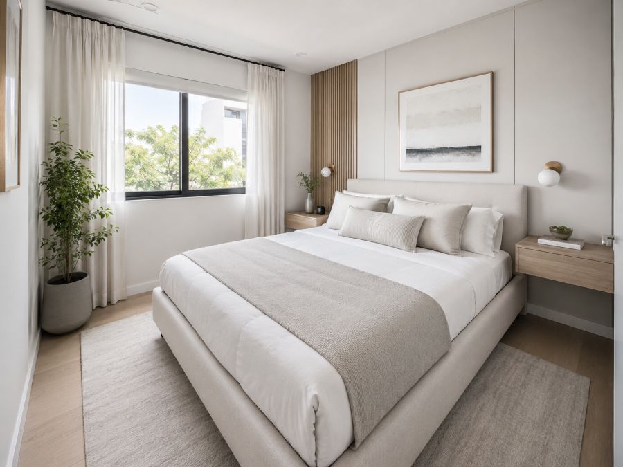 Modern minimalist small bedroom with bed against wall