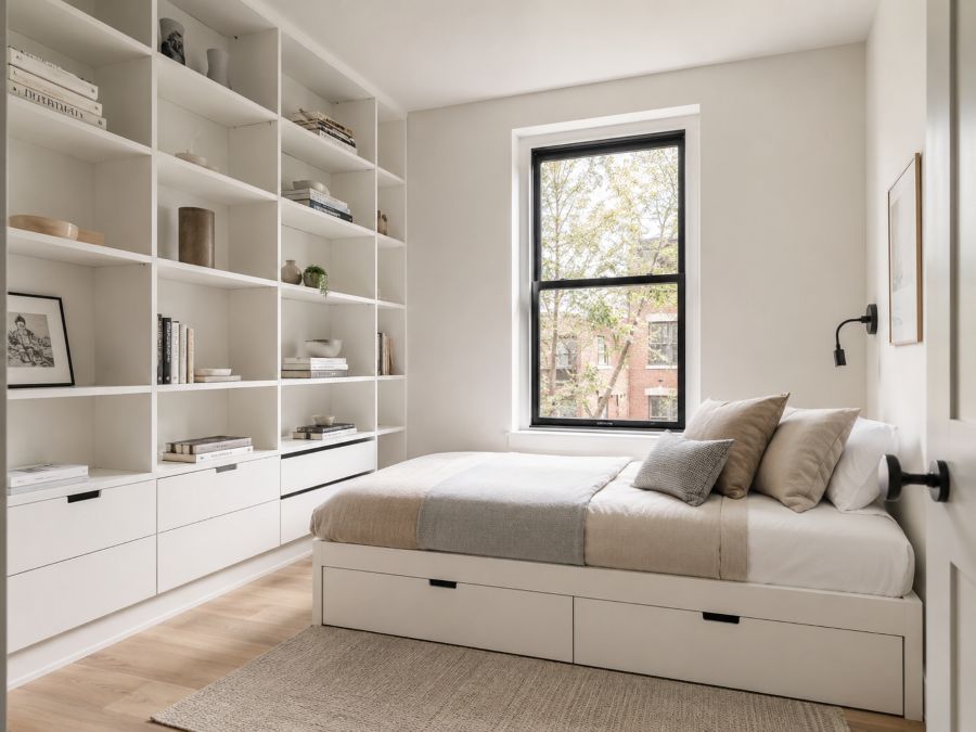 Small bedroom with floor-to-ceiling wall-mounted shelving