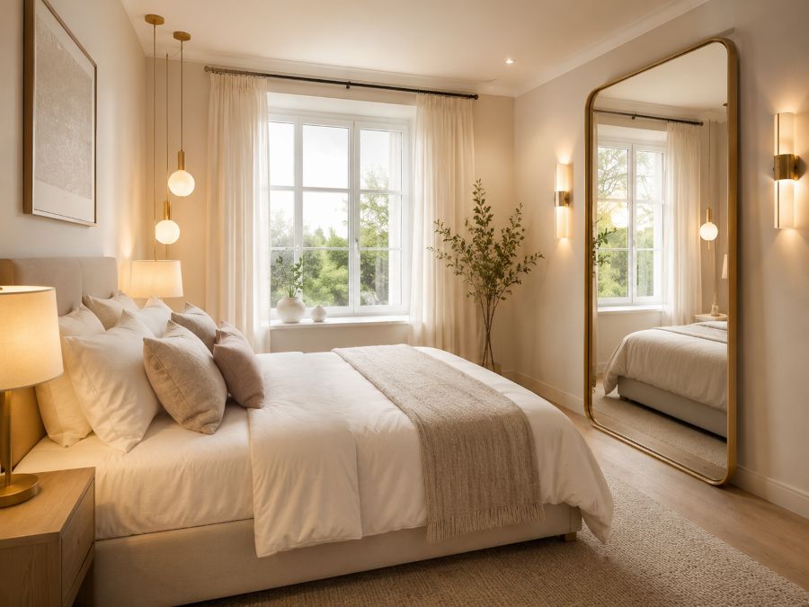 Small bedroom with strategic mirror placement and layered lighting