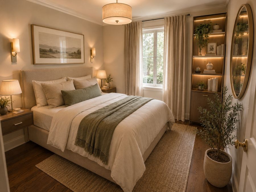 Beautiful finished small bedroom with expert furniture arrangement