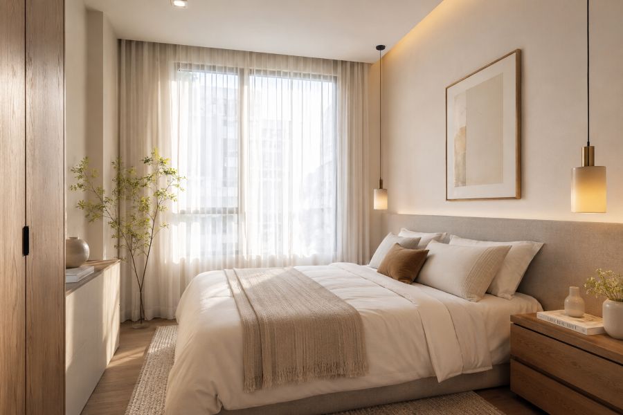 Small bedroom with bright natural light and sheer curtains