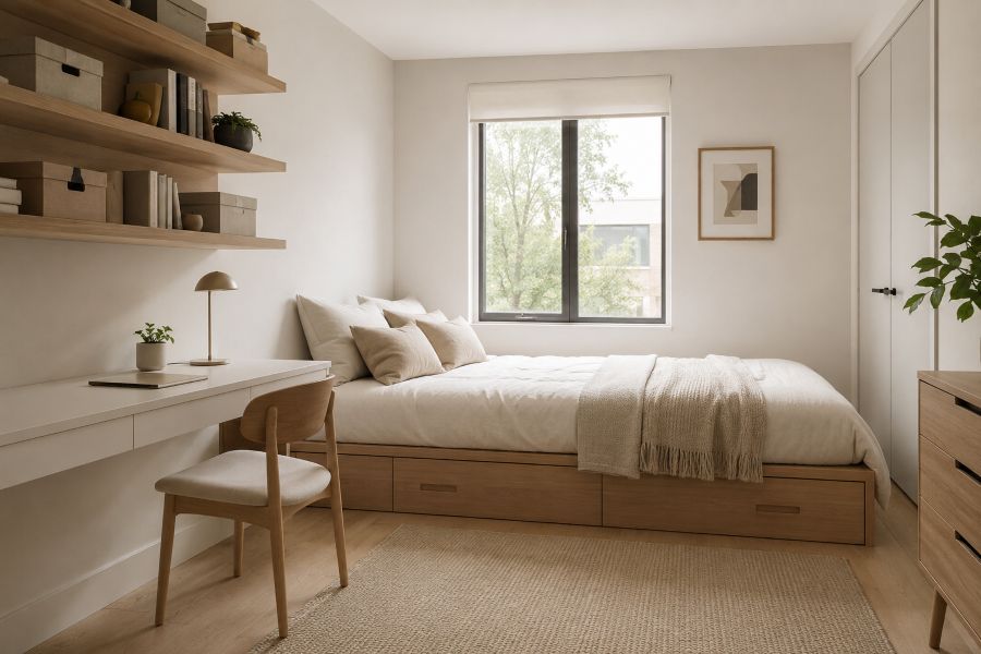 Small bedroom with multi-functional furniture and storage bed