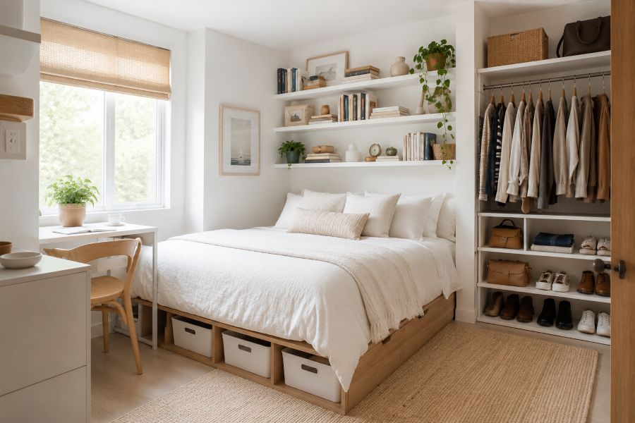 Small bedroom with clever storage solutions and organized shelves