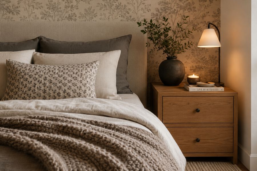 Small bedroom with layered textures and cozy aesthetic